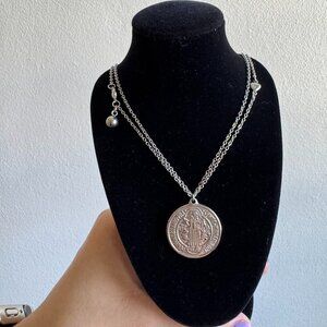 Saint Benedict Medal Necklace Silver Tone Double Layer Catholic Pendant